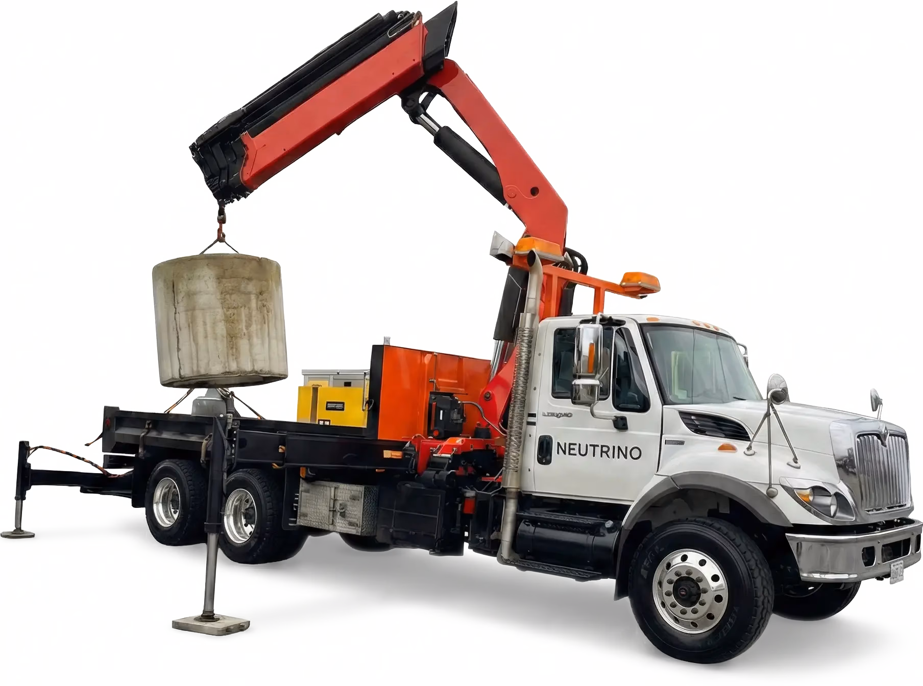 Heavy lift equipment placing a treatment or septic tank vessel